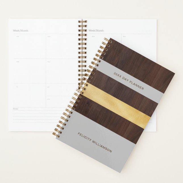 Woodgrain Gold & Grey Stripe Modern Retro Planner (Display)