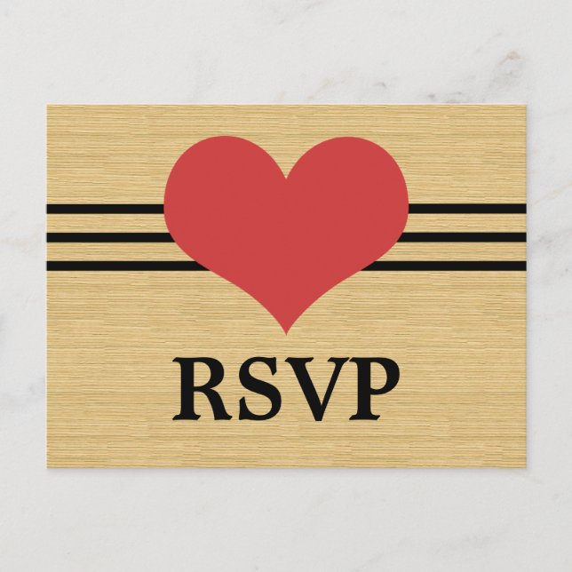 Woodgrain Mod Heart RSVP Postcard, Red Invitation Postcard (Front)