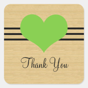 Woodgrain Mod Heart Thank You Stickers, Green Square Sticker