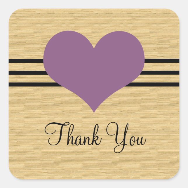 Woodgrain Mod Heart Thank You Stickers, Purple Square Sticker (Front)