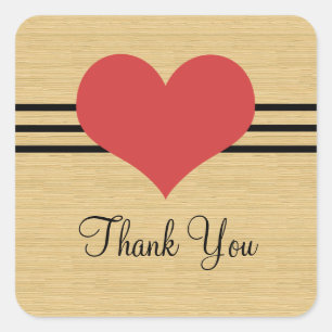 Woodgrain Mod Heart Thank You Stickers, Red Square Sticker