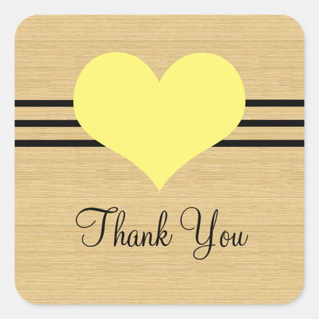 Woodgrain Mod Heart Thank You Stickers, Yellow Square Sticker (Front)