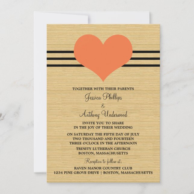 Woodgrain Mod Heart Wedding Invite, Orange Invitation (Front)
