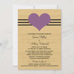 Woodgrain Mod Heart Wedding Invite, Purple Invitation
