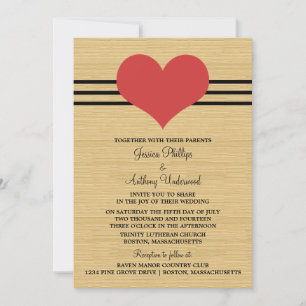 Woodgrain Mod Heart Wedding Invite, Red Invitation