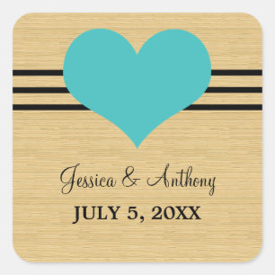 Woodgrain Mod Heart Wedding Stickers, Aqua Square Sticker