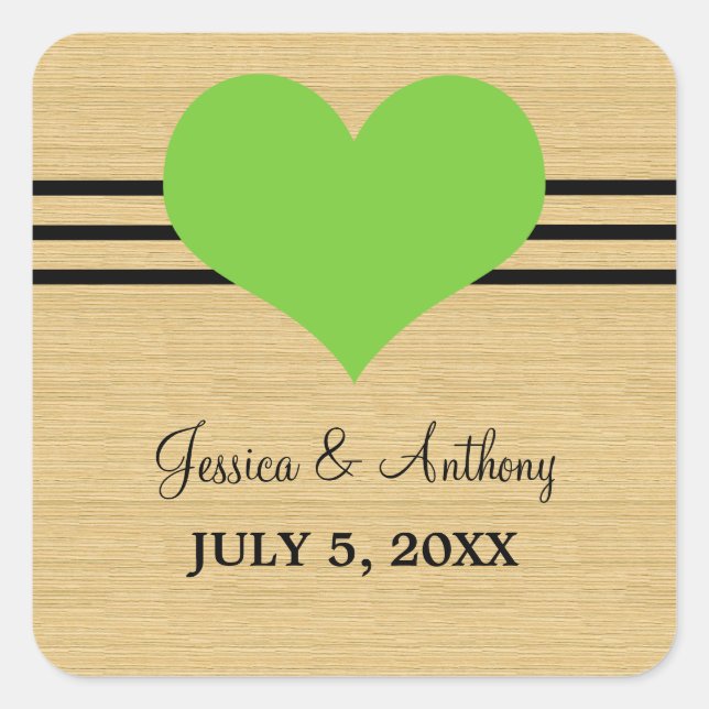 Woodgrain Mod Heart Wedding Stickers, Green Square Sticker (Front)