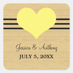 Woodgrain Mod Heart Wedding Stickers, Yellow Square Sticker