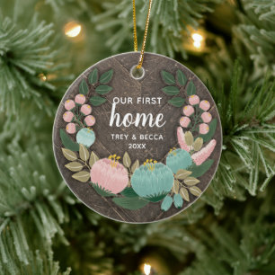 Woodgrain Our First Home Personalised Boho Florals Ceramic Tree Decoration