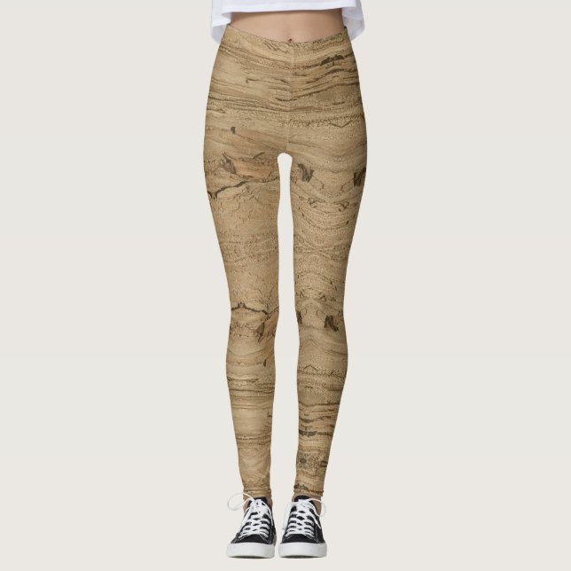 Woodgrain Photo Brown Natural Striped Pattern Leggings (Front)