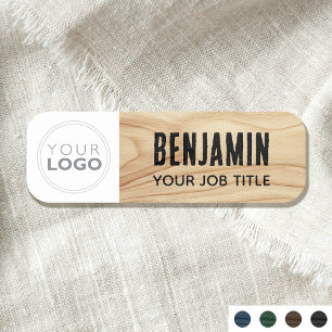 Woodgrain Rustic Employee Name Logo Black ID Name Tag
