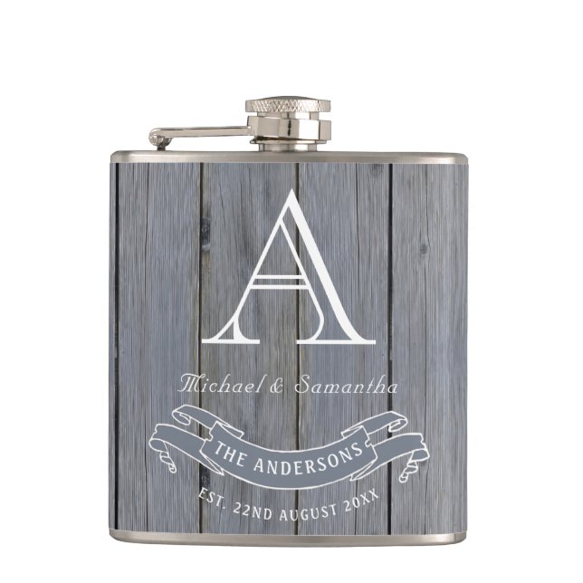 Woodgrain Rustic Light Grey Vintage Monogram Hip Flask (Front)