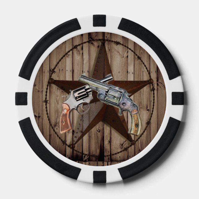 Woodgrain texas star cowboy western country pistol poker chips (Front)