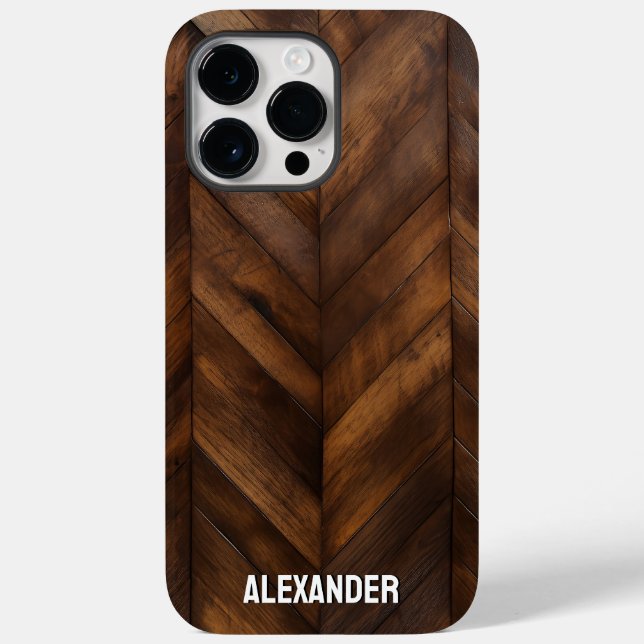 Woodgrain Varnished Wood Herringbone Custom Name Case-Mate iPhone Case (Back)