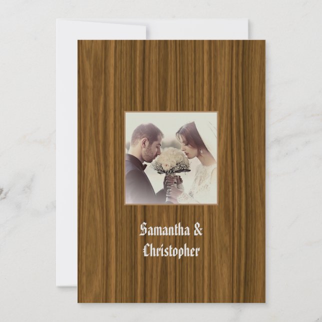 Woodgrain wedding photo invitation (Back)