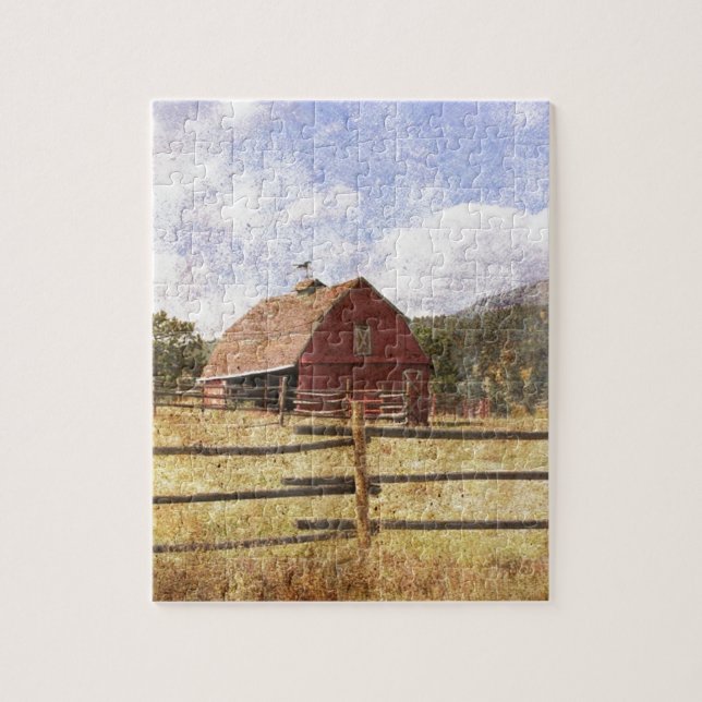 Woodgrain Western Country Farm Primitive Red Barn Jigsaw Puzzle (Vertical)