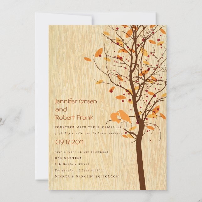 Woodgrain with Love Birds in Tree - Autumn Invitation (Front)