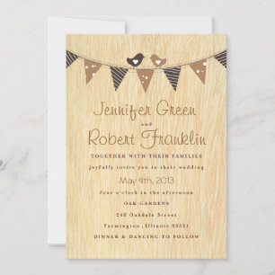 Woodgrain with Love Birds on Banner Invitation