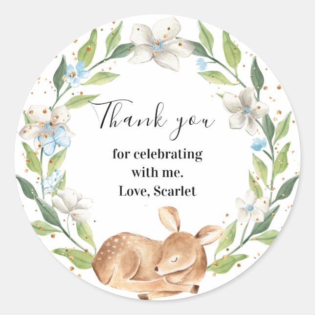 Woodlan Baby Deer Baby Shower I Birthday Classic Round Sticker (Front)