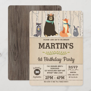 Woodland 1st Birthday Baby Animals Forest Party Invitation