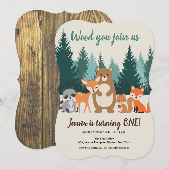 Woodland 1st Birthday Forest Animals Greenery Invitation (Front/Back)
