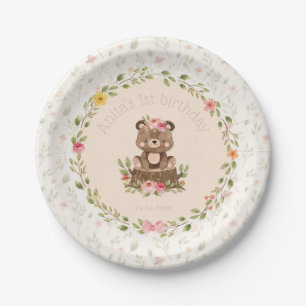 Woodland 1st Birthday Girl Cute Bear Forest Floral Paper Plate