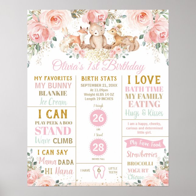 Woodland 1st Birthday Milestone Birth Stats    Poster (Front)