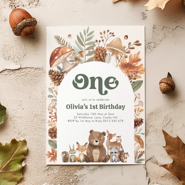 Woodland 1st Birthday Wild One Forest Animals Invitation (Woodland 1st Birthday Invitation)