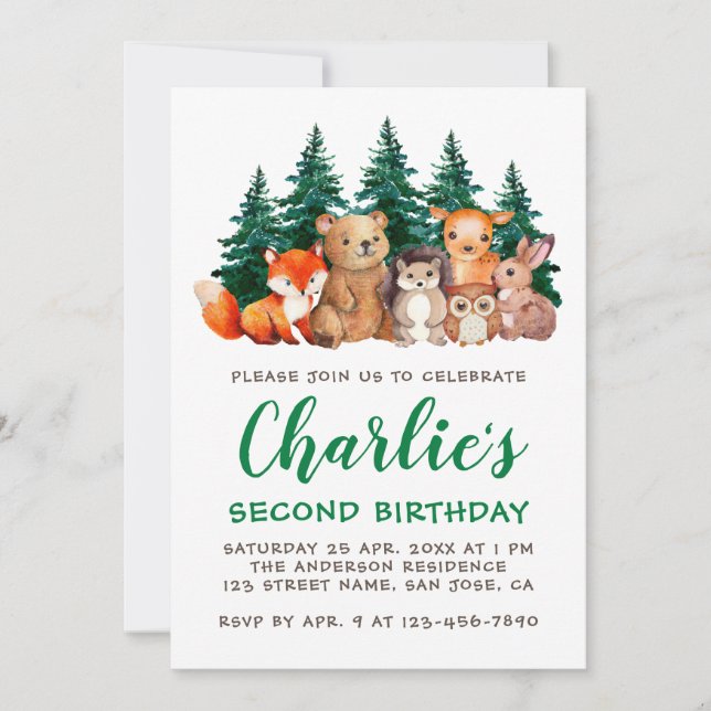 Woodland 2nd Birthday Forest Animals Green Script  Invitation (Front)