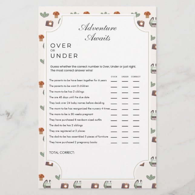 Woodland Adventure Awaits Camping Baby Shower Game (Front)