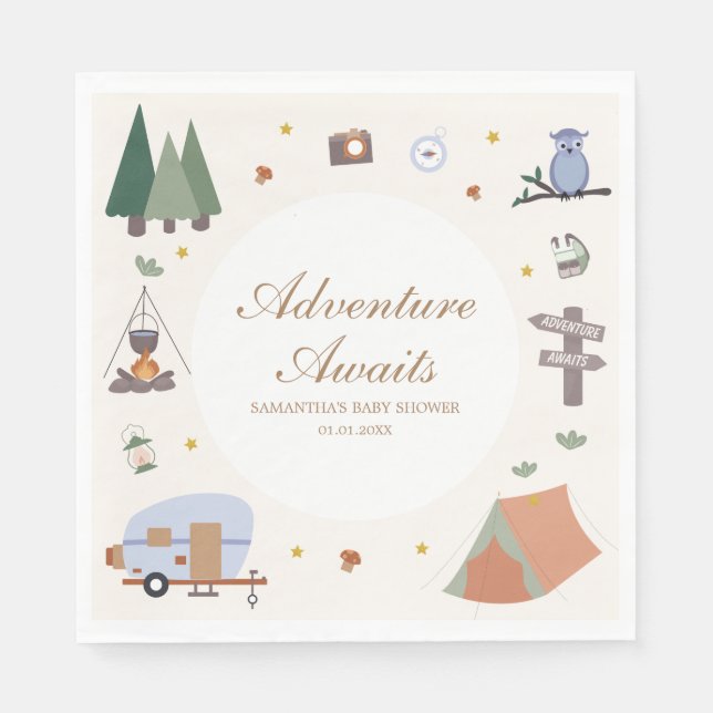 Woodland Adventure Awaits Camping Baby Shower Napkin (Front)