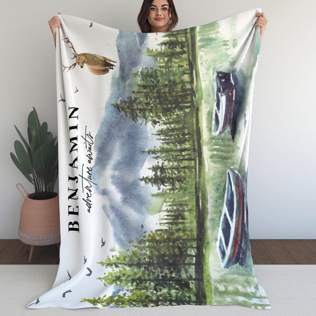 Woodland Adventure Awaits Forest Mountain & Canoes Fleece Blanket (Woodland Adventure Awaits Forest Mountain & Canoes Fleece Blanket)