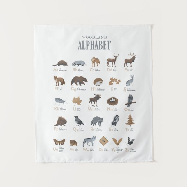 Woodland Alphabet Animal ABC Nursery Decor Tapestry (Front)