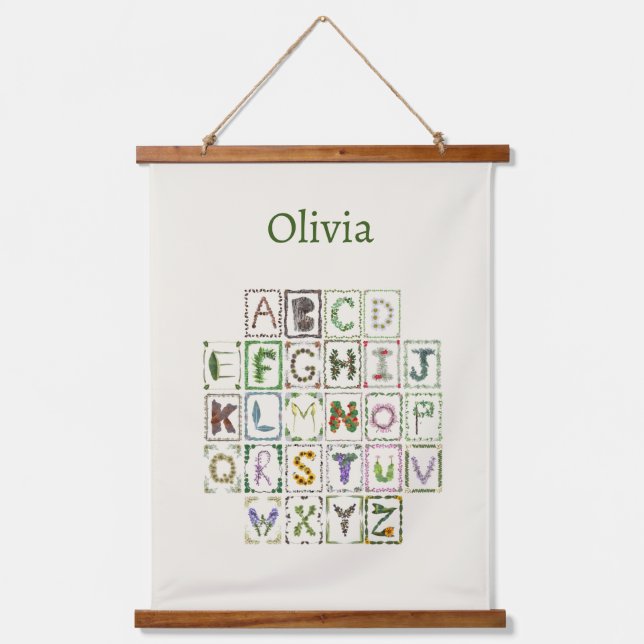 Woodland Alphabet Botanical Flowers ABC Decor Kids Hanging Tapestry (Front)