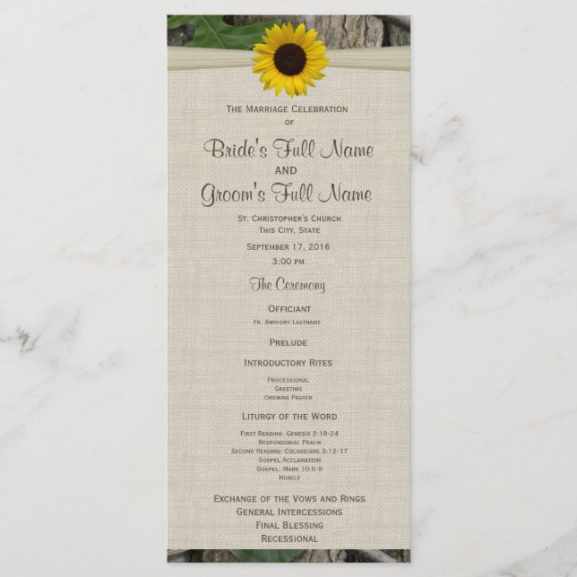 Woodland and Sunflower Wedding Program Programme (Front)