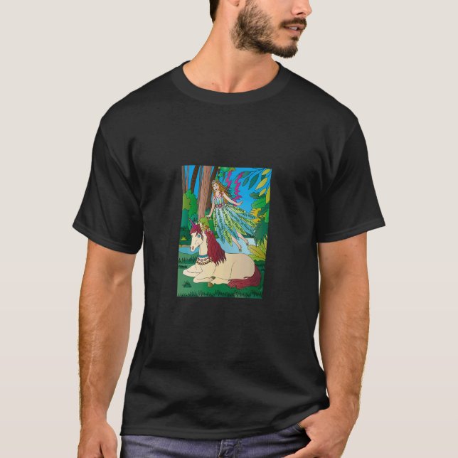 Woodland and water scene of fairy flying and unico T-Shirt (Front)