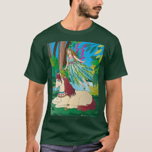 Woodland and water scene of fairy flying and unico T-Shirt