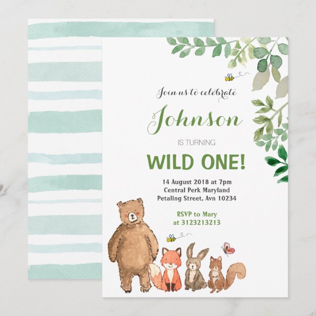 Woodland Animal 1st Birthday Invitation Boy. (Front/Back)