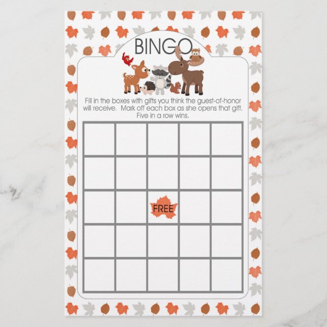 Woodland animal baby shower bingo and purse games (Front)