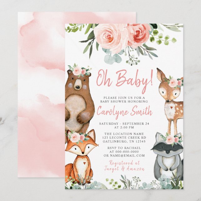 Woodland Animal Baby Shower Invitation Greenery (Front/Back)