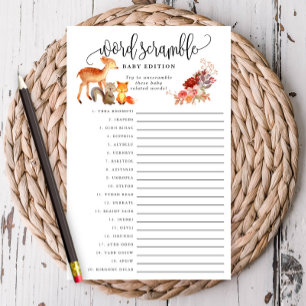 Woodland Animal Baby Word Scramble Paper Game Card