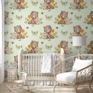 Woodland Animal Bear Duck Bunny Baby Nursery Green Wallpaper