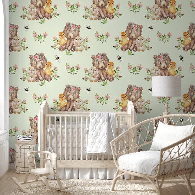 Woodland Animal Bear Duck Bunny Baby Nursery Green Wallpaper (Kids)