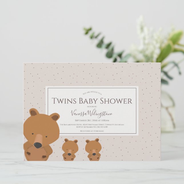 Woodland Animal Bear Twins Baby Shower Invitation (Standing Front)
