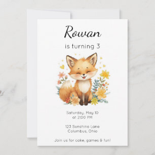 Woodland Animal Birthday Fox Yellow Hearts Floral Invitation