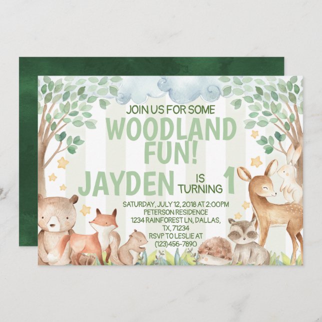 Woodland Animal Birthday Party Invitation Invite (Front/Back)