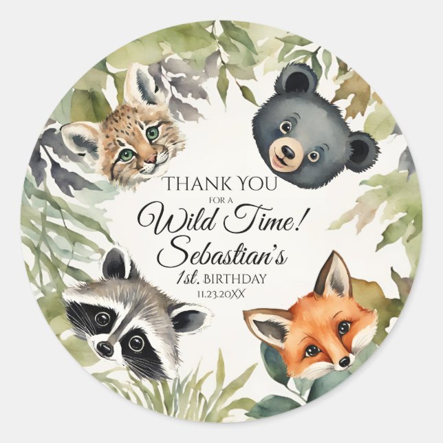 Woodland Animal Birthday Thank You Classic Round Sticker (Front)