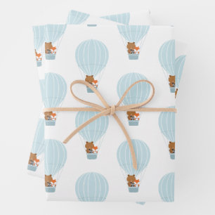 Woodland Animal Blue Hot Air Balloon Wrapping Paper Sheet
