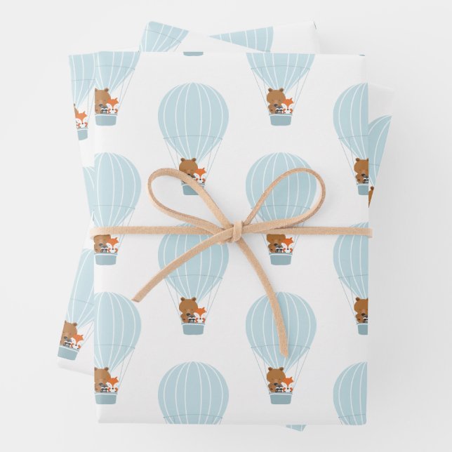 Woodland Animal Blue Hot Air Balloon Wrapping Paper Sheet (In situ)