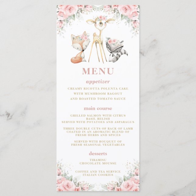 Woodland Animal Blush Pink Floral Baby Shower Menu (Front)